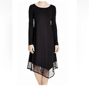 Eileen Fisher Black Midi Dress Long Sleeve Mesh Trim Small